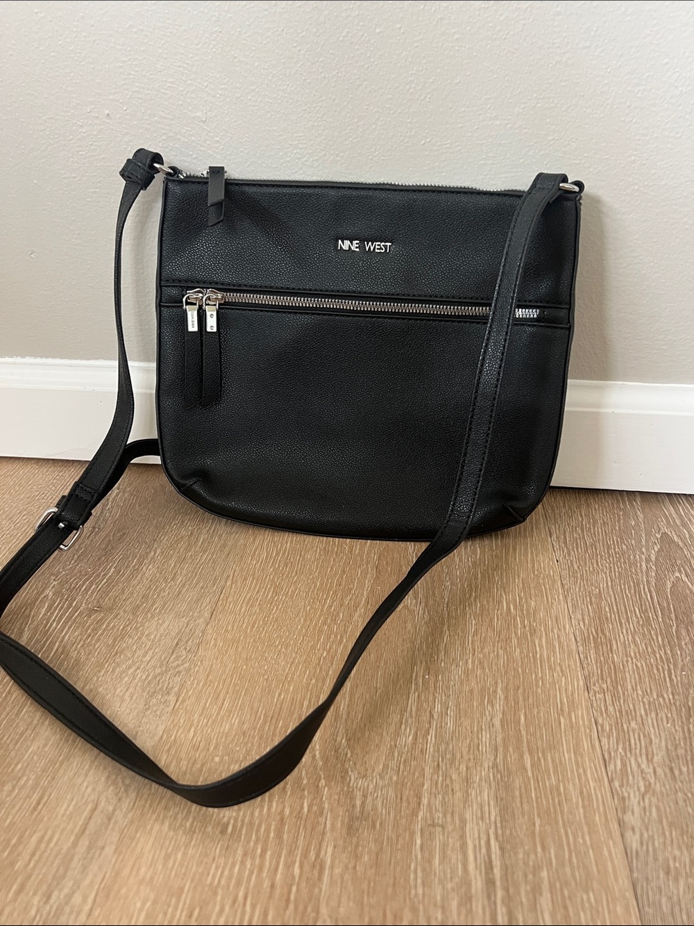Nine West Black Pebbled Faux-Leather Crossbody Messenger